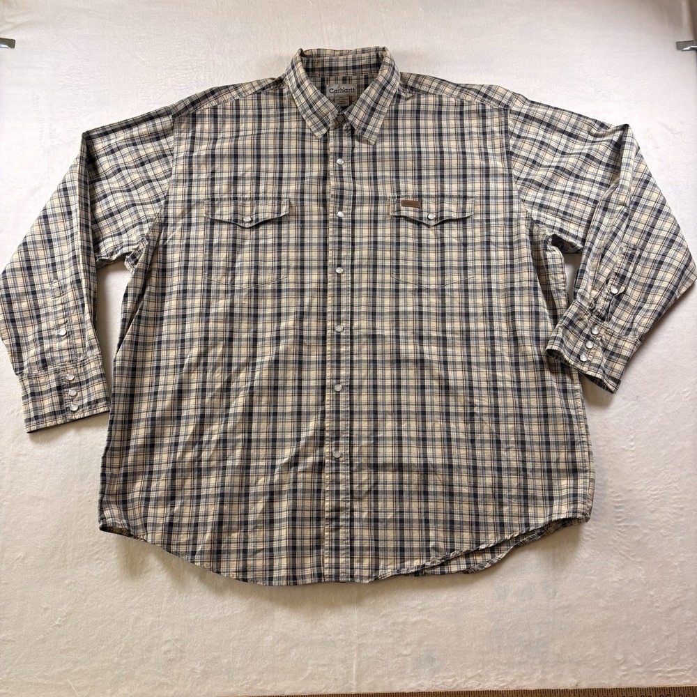 Carhartt Men's Western Pearl Snap 2XL Blue Tan Plaid Long Sleeve Shirt Workwear